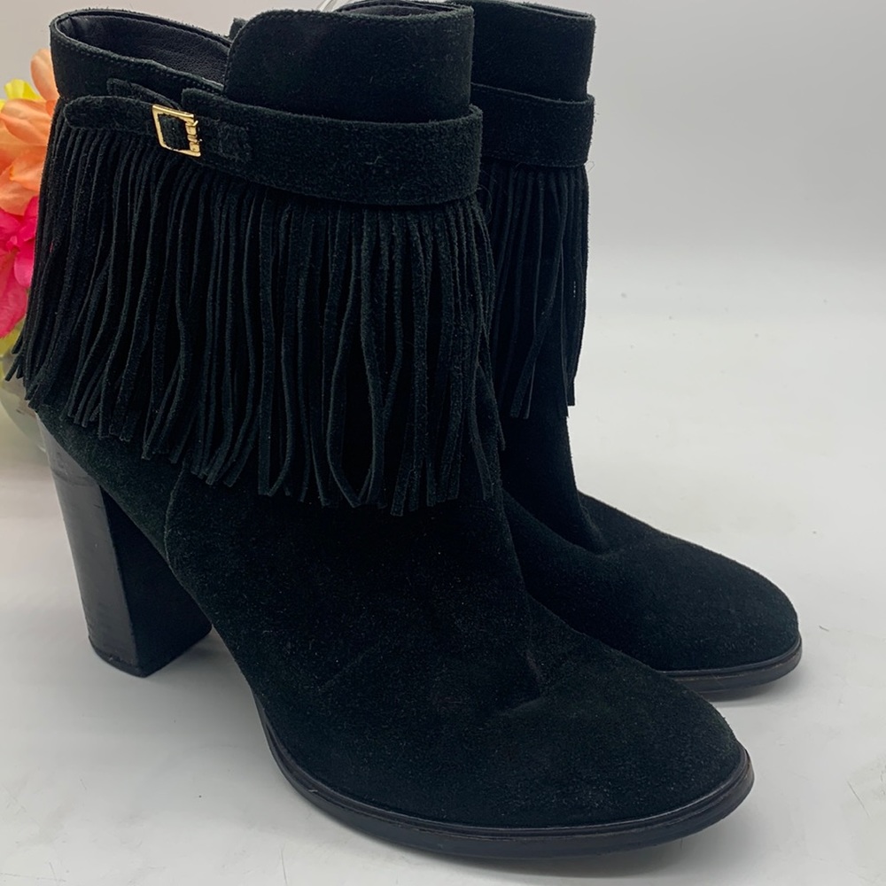 Ivanka Trump Itperta Black Fringe Suede Heeled Ankle Bootie Sz 10 BAB4117B - Picture 1 of 10